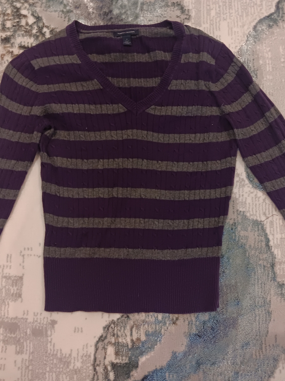 Tommy Hilfiger Men's V-Neck Striped Sweater in Purple and Gray
